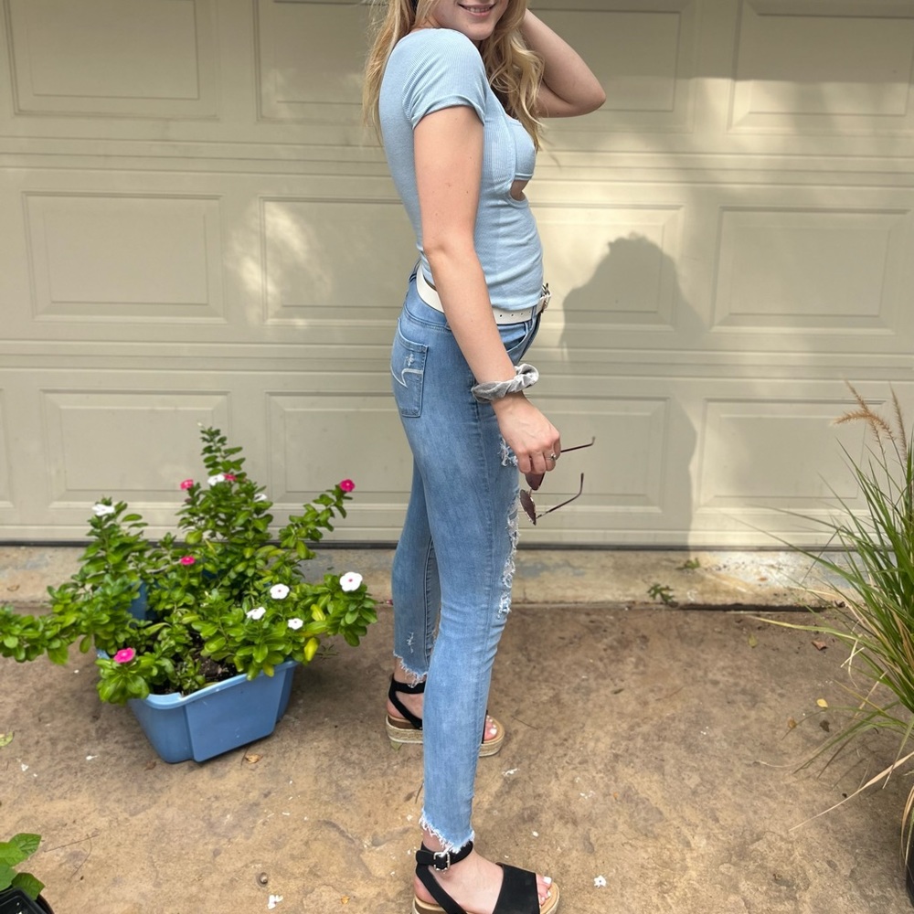 cut out short sleeve blue Shein top